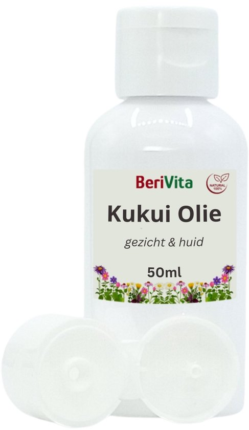 Berivita Kukui Olie 50ml gezicht & huid flesje met open dop, bloemenprint.
