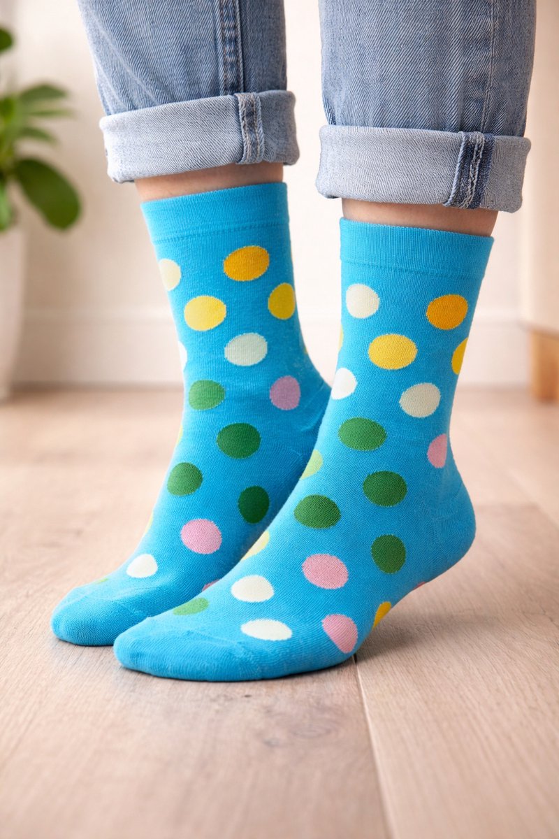Kunstsokken blue dots rainbow - blauw met stippen gekleurd