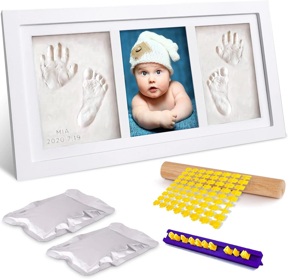 Baby handafdruk en voetafdrukset met houten fotolijst - Perfecte herinneringen