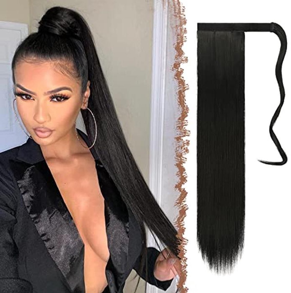 Lang Rechte Wrap Around Ponytail Extensies voor Vrouwen - 60 cm Zwart Haarstuk