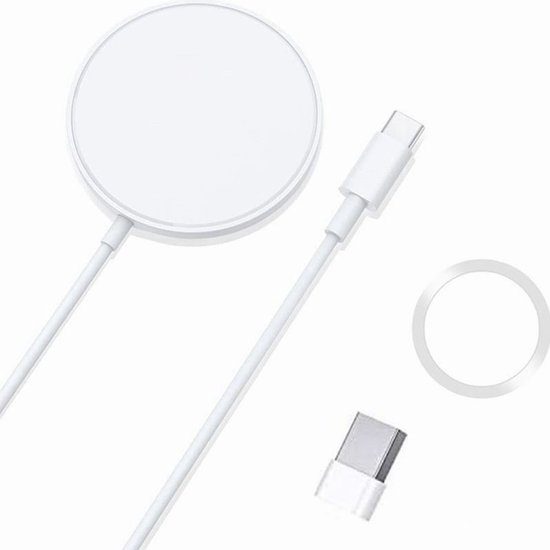 Witte magnetische draadloze oplader met USB-C kabel en ring.