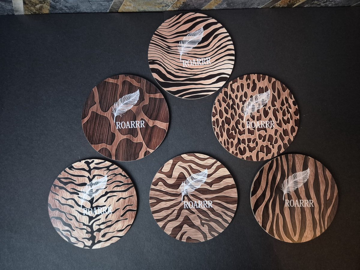 Eviva Home Deco Onderzetters Set van 6 - Dierenprint Mix - Rond - 'ROARRR' & Veer - Jungle Tafeldecoratie
