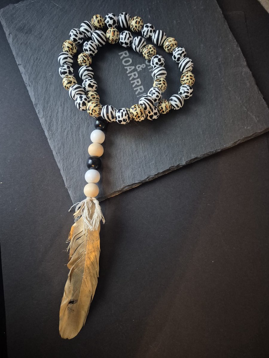 Eviva Home Deco Tafelketting 'Wild Luxury' - Dierenprint Kralen - Met Gouden Veer - Decoratieve Wood Chain