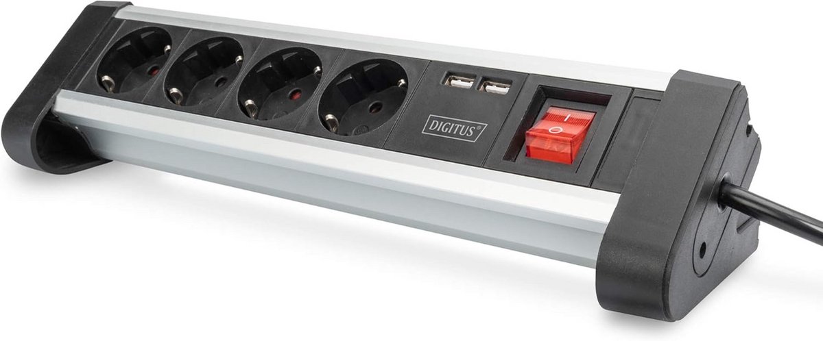 Meervoudige wandcontactdoos met USB-lader - 2x USB-A poort en 4x wandcontactdozen met schakelaar - Voor bureau- en wandmontage