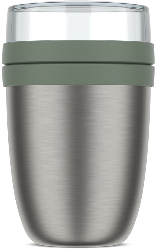 Lunchpot en acier inoxydable avec bande vert sauge et couvercle transparent.