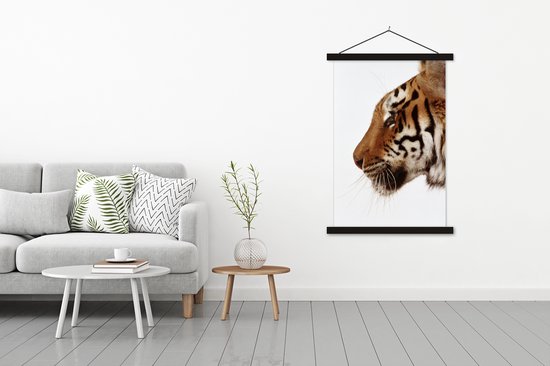Tigre de près devant fond blanc affiche textielposter lattes noires 120x180 cm XXL / Groot format!