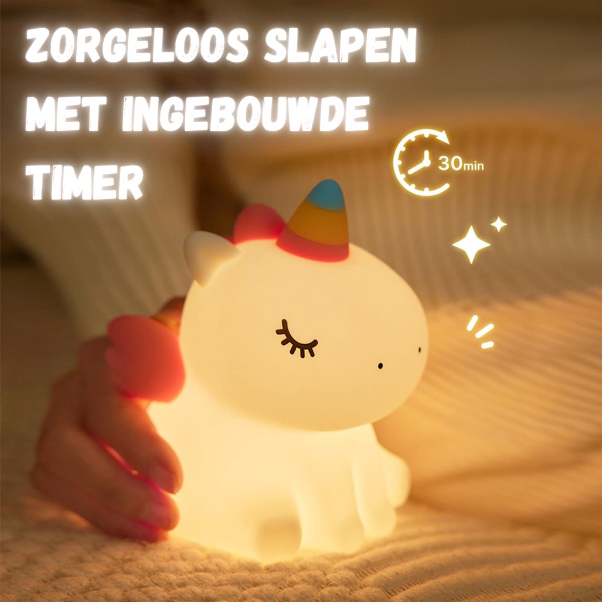 Kinder Nachtlampje Eenhoorn – LED Baby Nachtlamp – Dimbaar & Touch Sensor – Warm Wit Licht – USB Oplaadbaar – Zacht Siliconen – Veilig voor Kinderen – 30 Min Timer — cadeau in Spellen & Speelgoed - foto 8