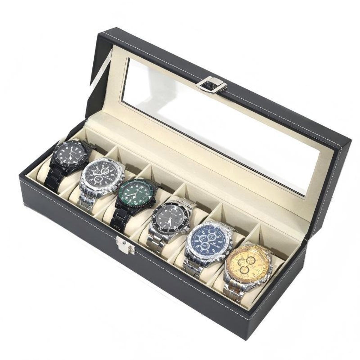 Horlogedoos voor heren - 6 horlogevakken - Gevoerd - Glazen deksel - Ontworpen voor horlogeliefhebbers - Zwart - 30*11*8 cm - Stijl 2