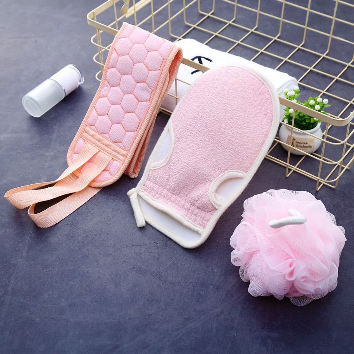 Lichaamsborstel - Rugscrubborstel - Handschoenen en spons - Badproducten - Driedelige set - Roze