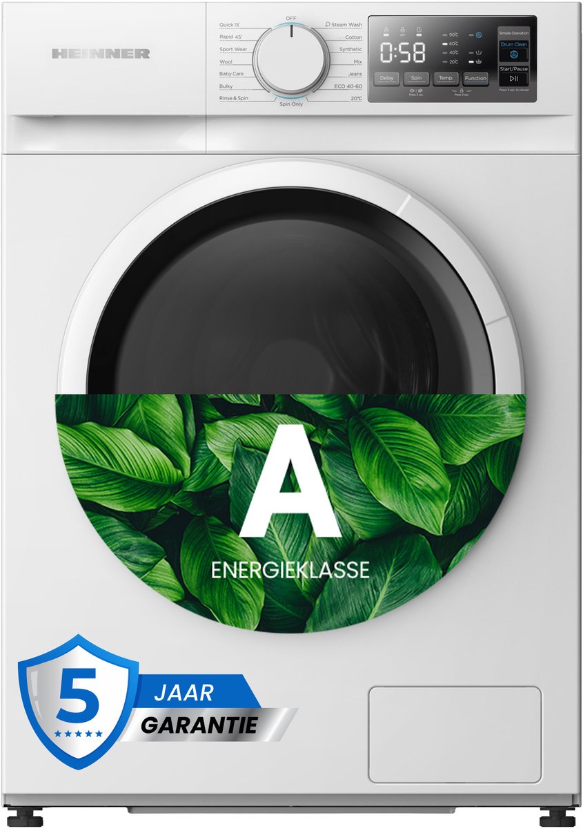 Heinner HWM-M814IVSMNA+++ Slanke Wasmachine 8 kg – 15 Wasprogramma’s – 1400 tpm – Energieklasse A – Kinderslot – LED-Display – Wit – 5 Jaar Garantie