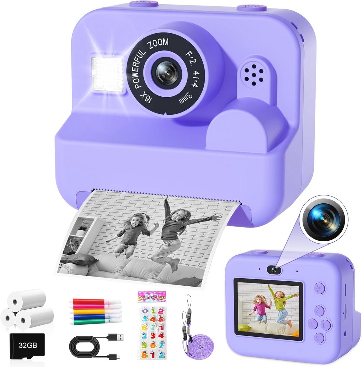 Instant camera voor kinderen - zwart-wit fotocamera met 32G TF-kaart - perfect cadeau voor 3-12 jaar