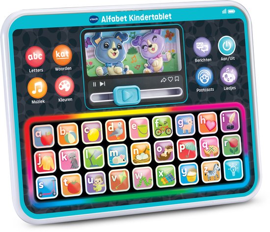 Een blauwgroen VTech Kindertablet met een alfabet toetsenbord, gekleurde letterknoppen en een scherm met twee honden.