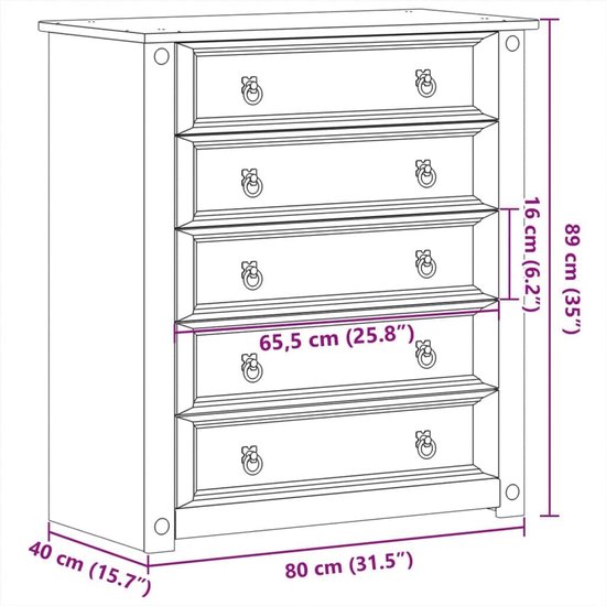 Ladekast 80x40x89 cm van massief grenenhout met 5 lades