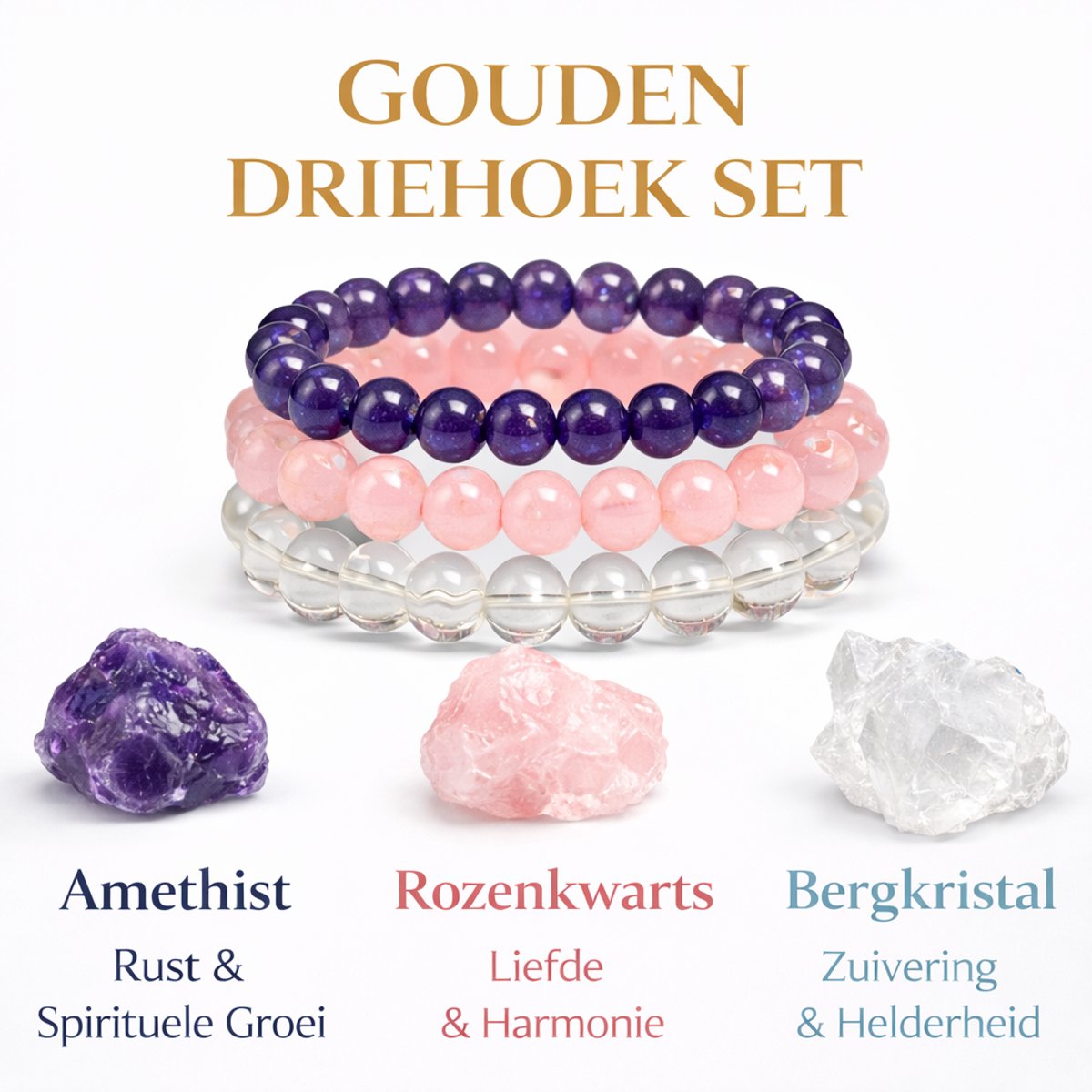 S4H Gouden Driehoek Armbandset – Amethist, Rozenkwarts & Bergkristal | Liefde, Harmonie & Bescherming