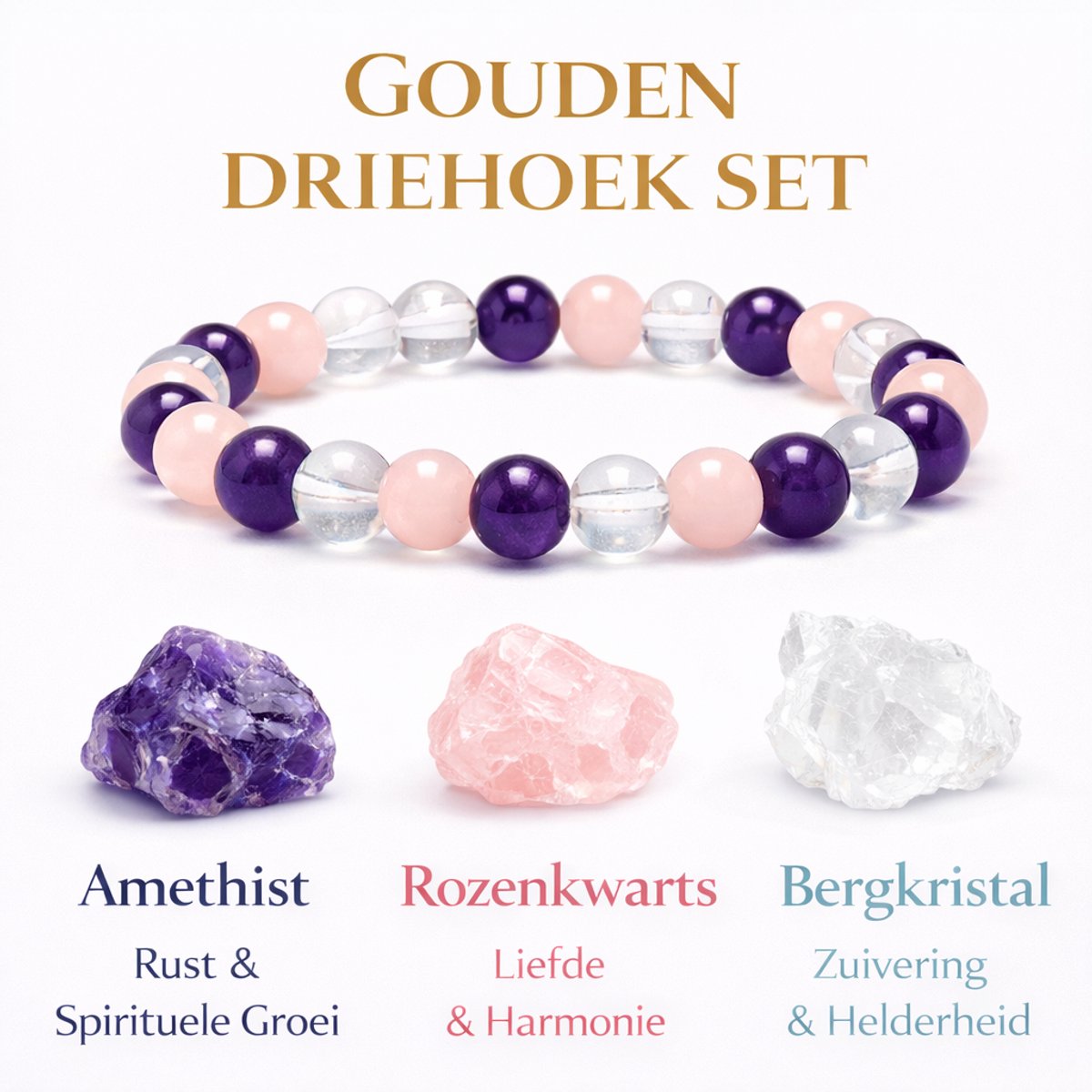 S4H - Gouden Driehoek Armband – 8mm Edelsteen Kralen – Amethist, Rozenkwarts & Bergkristal – Spirituele Balans & Bescherming – 18cm – Unisex Edelsteen Armband