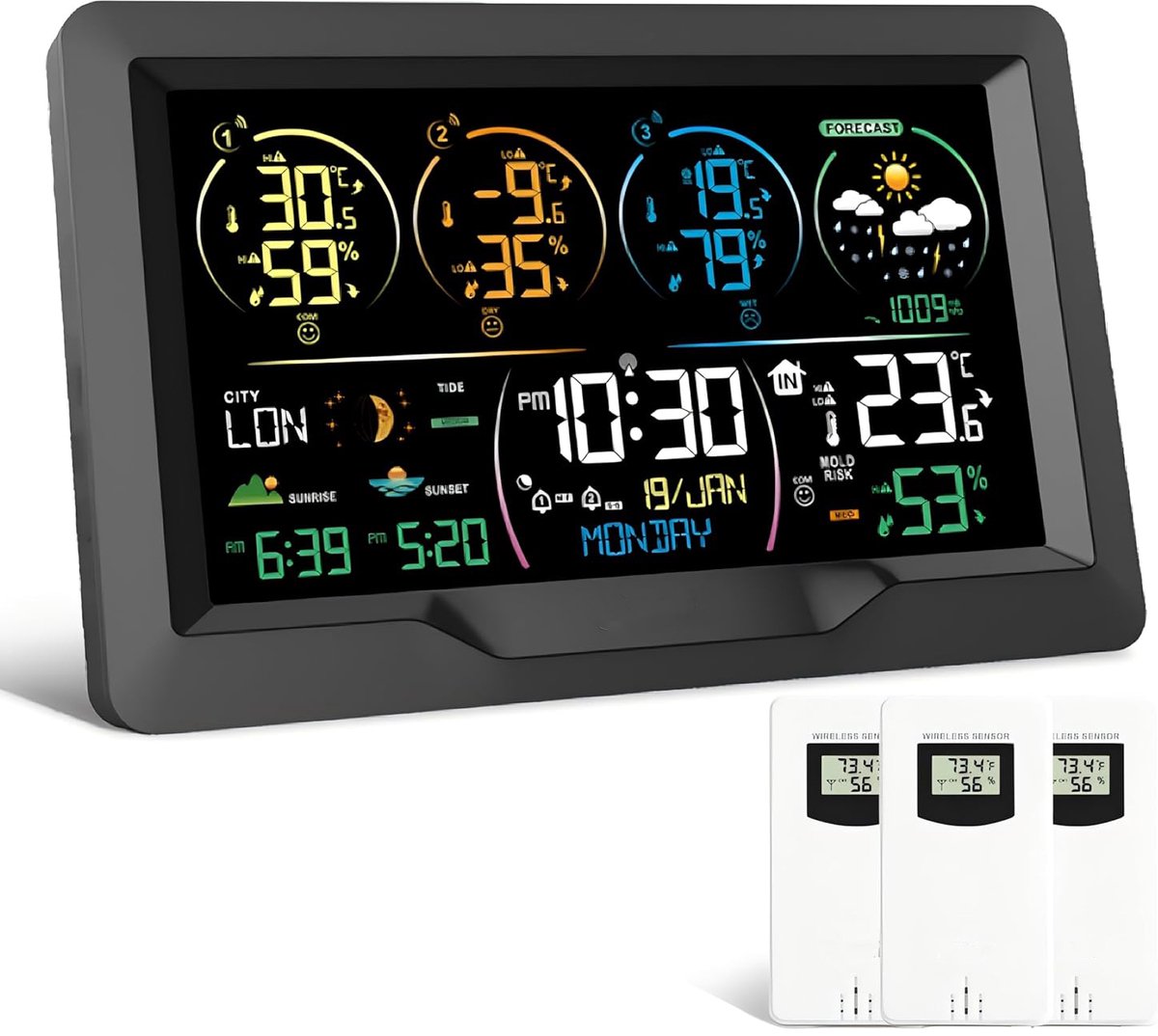 Weerstation met 3 buitensensoren draadloos radiogestuurde klok kleurendisplay weervoorspelling thermometer voor binnen en buiten hygrometer luchtdruk zonsopgang/ondergang getijden maanfase