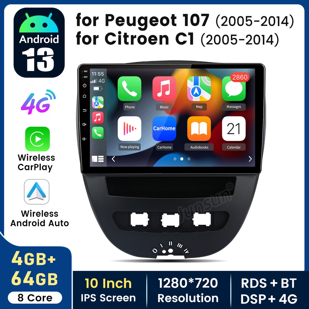 HexinexMarket Octa-Core autoradio Geschikt voor Peugeot 107, Toyota Aygo, Citroën C1 (2005-2014) - Draadloos CarPlay, Android Auto, multimediaspeler, 3G/4G-communicatie, 4GB+64GB