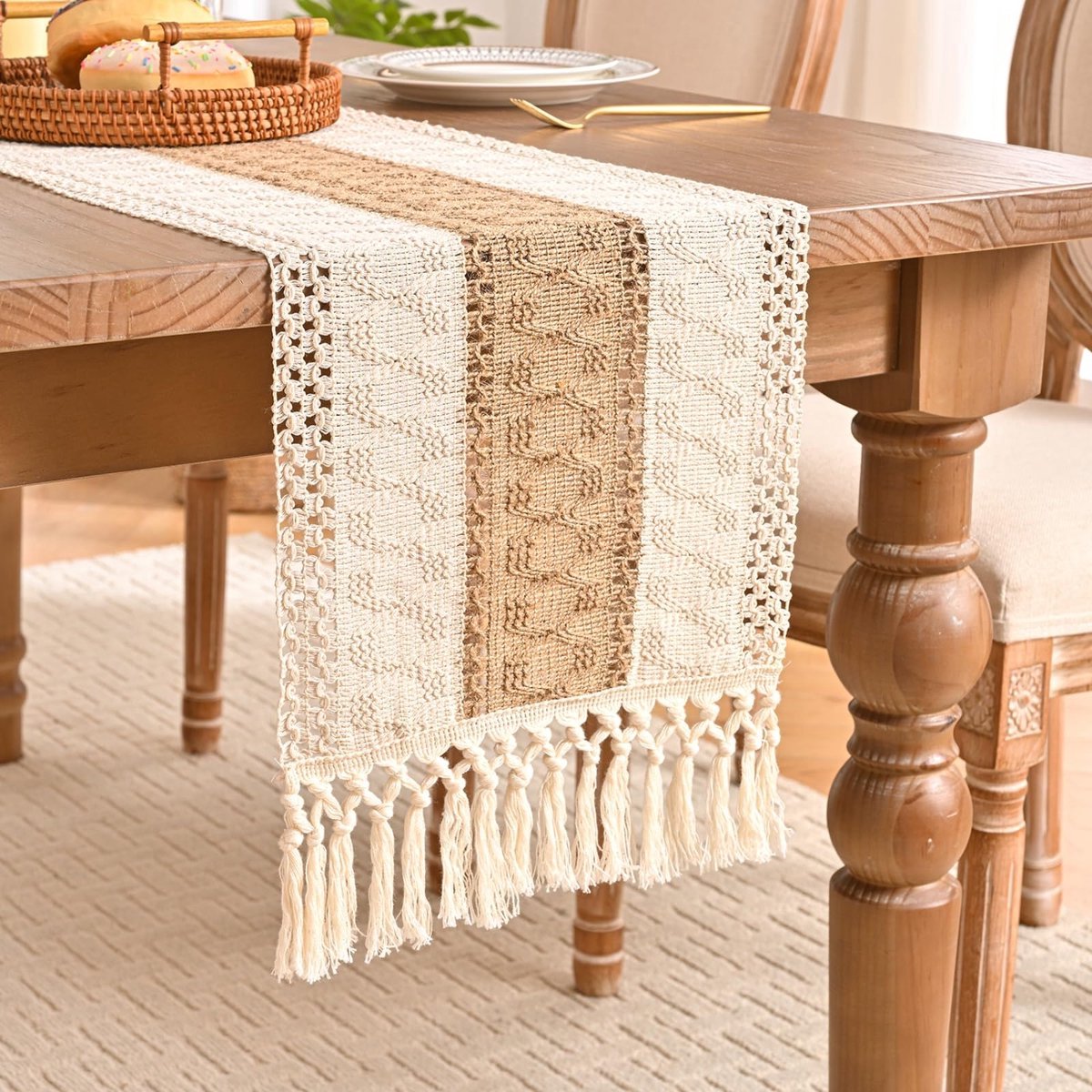 Stunq® Grote Boheems Katoen-Linnen Tafelloper met Handgehaakte Kant, 30 x 180 cm