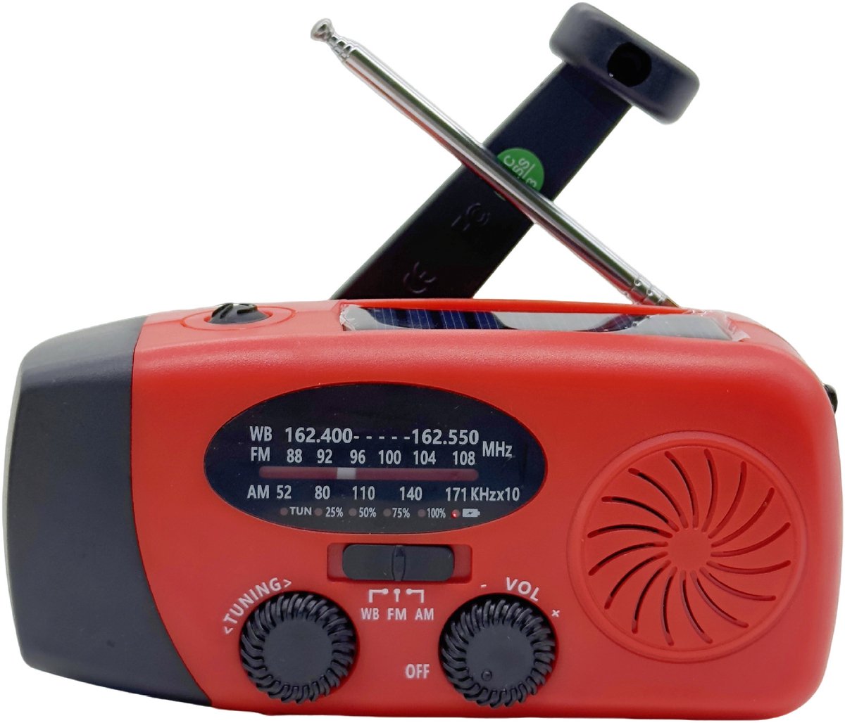 Noodradio voor rampen (oplaadbaar) - Handmatig aangedreven op zonne-energie 2000 mAh - Rood