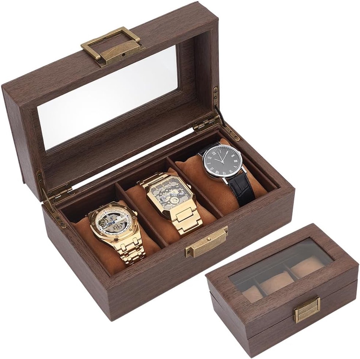 Horloge opbergdoos - Horlogebox met 3 vakken - Horloge opbergdoos met deksel van echt glas - PU-leer met houtnerf - Horloge display en opbergdoos - Wordt geleverd met een afneembaar imitatiesuède horloge kussentje