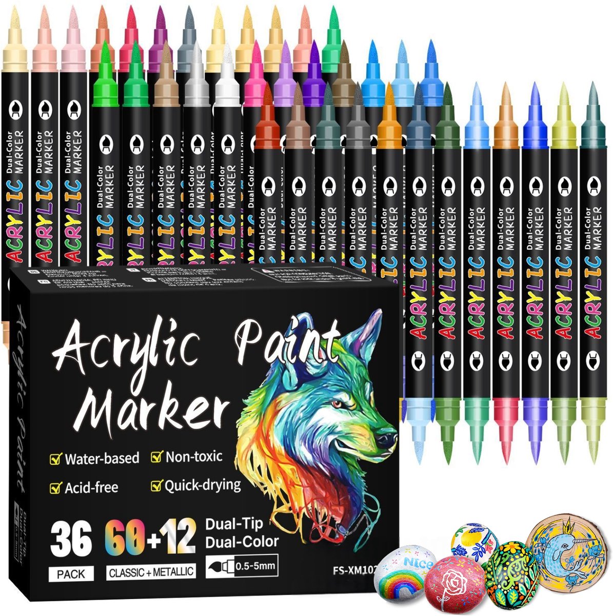Acrylmarkers Dubbelzijdig - 36 Delig - 72 Levendige Kleuren Op Waterbasis Niet-Giftig Sneldrogend - Voor Studenten En Kunstprojecten - Multicolor