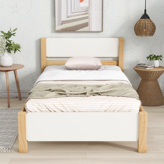 Eenpersoonsbed - houten bed - met hoofdeinde en voeteneinde - wit en houtkleur - 90x200 cm - zonder matras