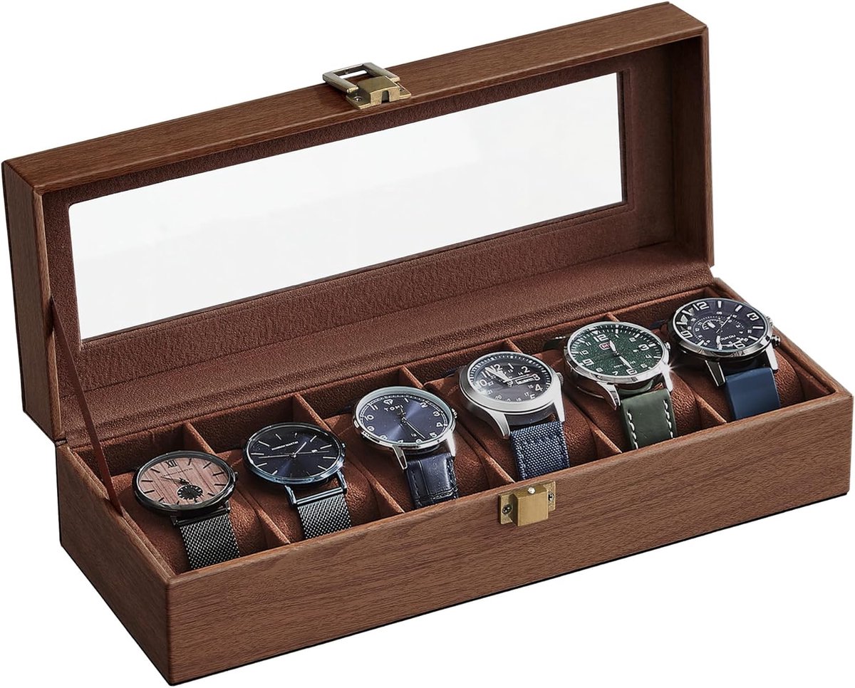 Horlogedoos met 6 vakken, horlogebox, juwelenkistje, met glazen deksel, uitneembare kussentjes, metalen slot, Bruine coating en bruine voering