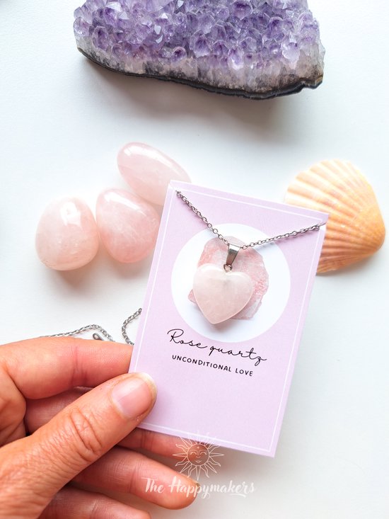 Edelsteen ketting rozenkwarts hart - stainless steel - gemstone - natuursteen - liefde - cadeau - handgemaakt - liefdescadeau - valentijnsdag - bohemian sieraden - geschenk