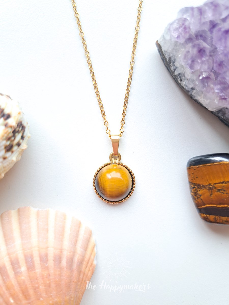 Edelsteen ketting bedel tijgeroog, waterproof, boho, stainless steel, handgemaakt, cadeau met betekenis, zelfvertrouwen