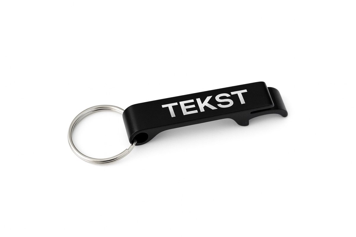 Sleutelhanger Flesopener – Aluminium – Gepersonaliseerd met Tekst – Zwart-6cm x 1cm