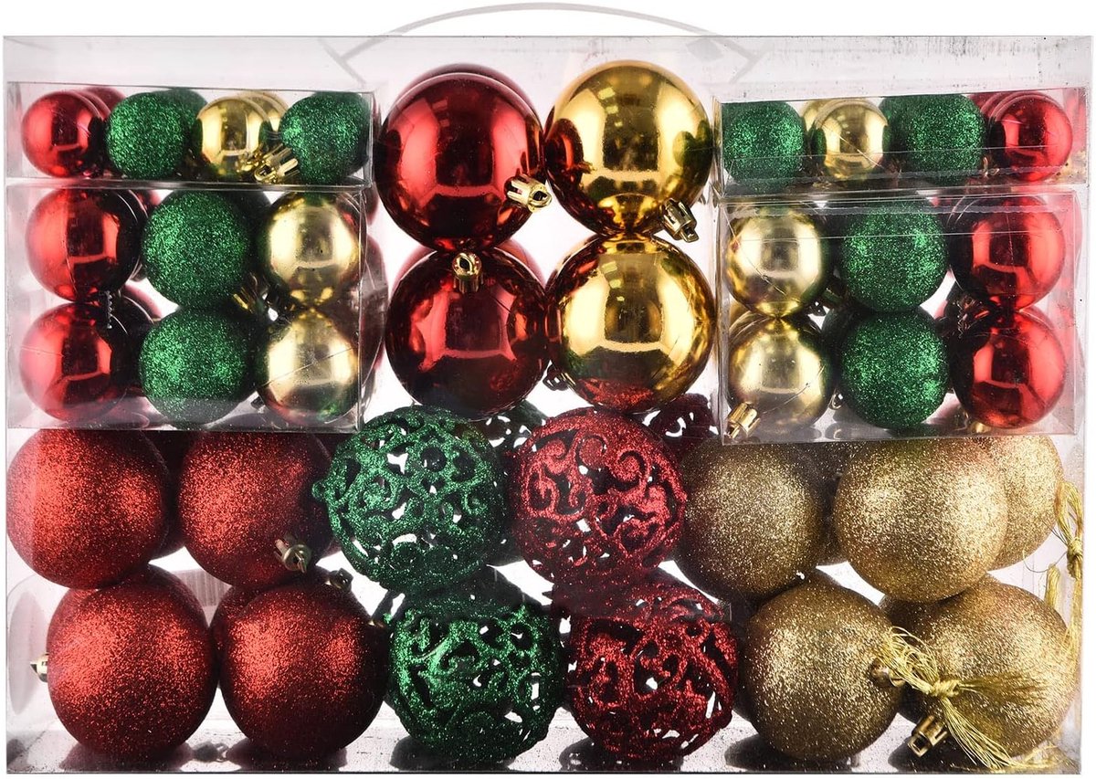 Kerstballen - 100 stuks 3-6 cm - Holle, onbreekbare feestelijke ornamenten voor kerstboom en huisdecoratie - Geschikt voor binnenhuisdecoratie - Rood, groen, goud