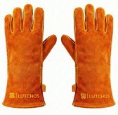LUTCHOS Ovenwanten – BBQ Handschoenen – BBQ Accessoires – Eco Leer – Katoen – Bruin – Hittebestendig – Oven – Houtkachel – Ophanglus – 2 stuks