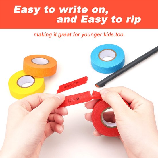 Kleine rolletjes oranje, geel en rood gekleurd masker tape. Een rode strook is beschreven met "love".