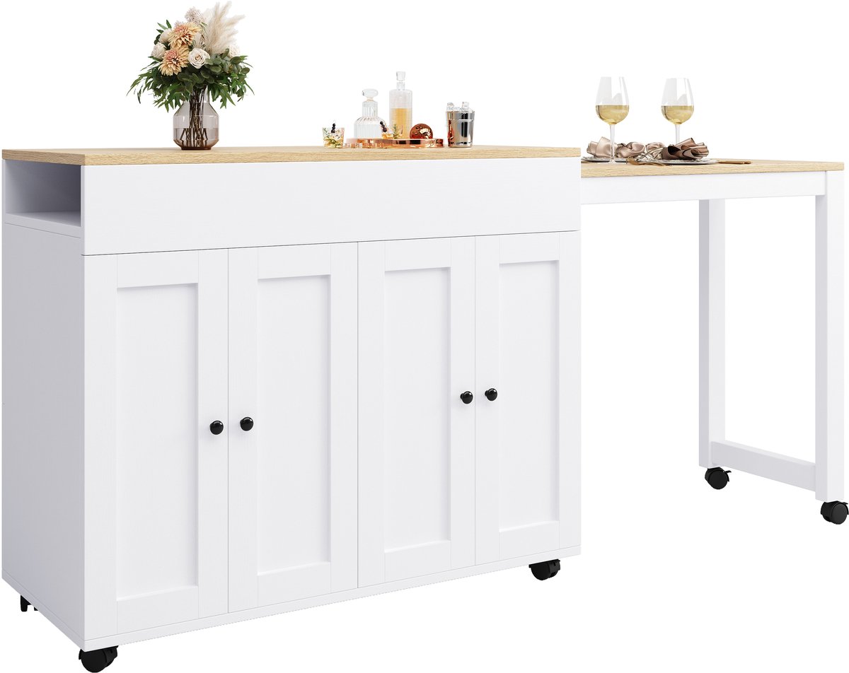 Moderne uitschuifbare barkast (118-180×50×94cm), uitschuifbare eettafel met opbergruimte, met zes opbergvlakken Bistrotafel/sta-tafel, voor eetkamer, te gebruiken als woonkamerafscheiding, wit