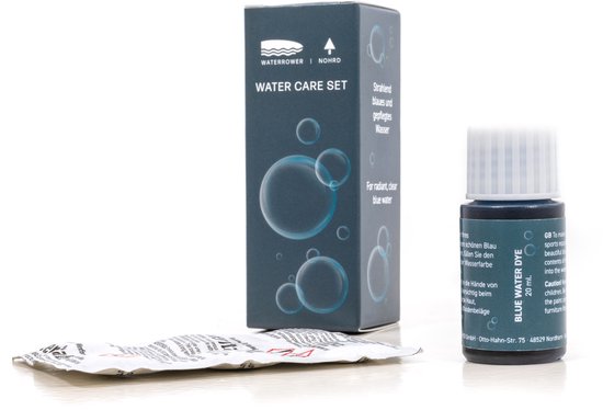 WaterRower Water Care Set met een doosje, een zakje en een flesje blauwe kleurstof.