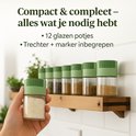 Hand houdt een glazen kruidenpotje met groen deksel vast. Op de plank staan nog meer potjes.