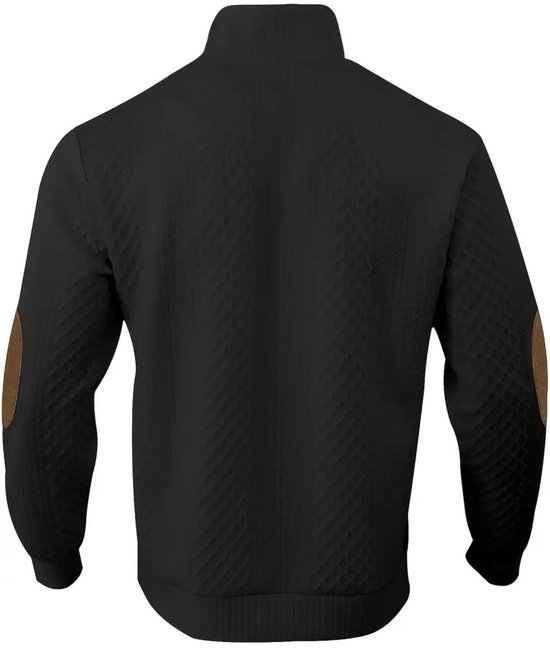 Zwarte trui met ruitpatroon en bruine suède ellebogen patches.