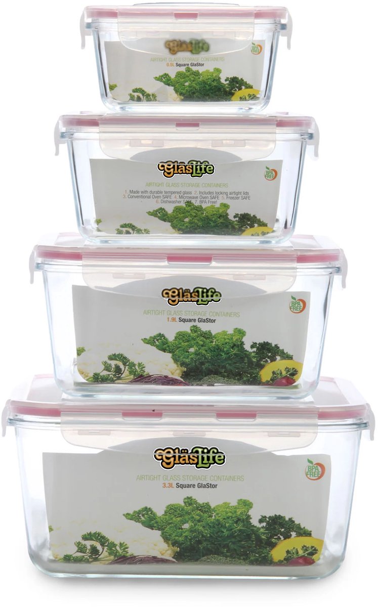 Tribeste GlasLife® Vierkant luchtdichte vierkante glazen bakken (set van 4)