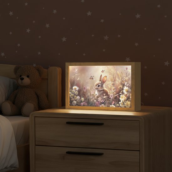 Nachtlampje 30x20 cm - Kinder lamp - Konijntje - Bruin - Bloemen - Vlinders - Tafellamp kinderkamer - Slaapkamer lamp - Bedlamp kinderen - Kinderlampje stopcontact - Wandlamp babykamer - Nachtlampjes van Merkloos — afbeelding 2