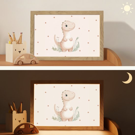 Nachtlampje 30x20 cm - Kinder lampje - Dinosaurus - Bladeren - Pastel - Stippen - Tafellamp kinderkamer - Slaapkamer lamp - Bedlamp kinderen - Kinderlampje stopcontact - Wandlamp babykamer - Nachtlampjes van OnlyWow — afbeelding 4