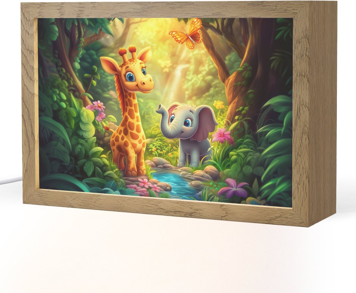 Nachtlampje 30x20 cm - Kinder lampje - Giraf - Olifant - Bloemen - Jungle - Tafellamp kind