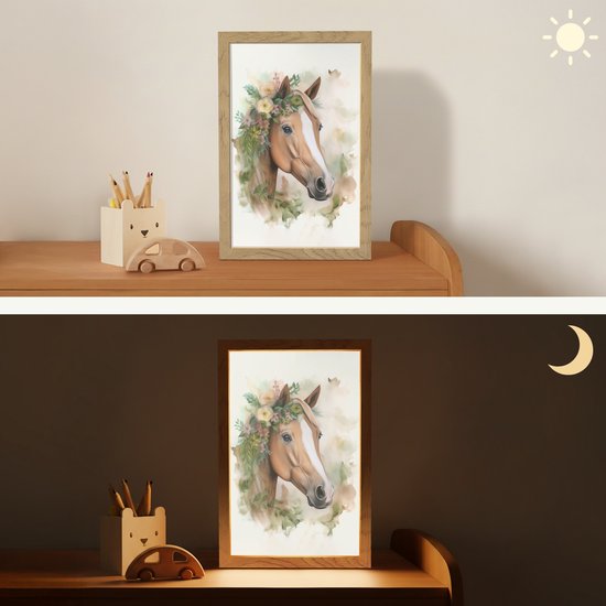 Nachtlampje 20x30 cm - Kinder lamp - Paard - Bloemen - Natuur - Waterverf - Dieren - Tafellamp kinderkamer - Slaapkamer lamp - Bedlamp kinderen - Kinderlampje stopcontact - Wandlamp babykamer - Nachtlampjes van Merkloos — afbeelding 4