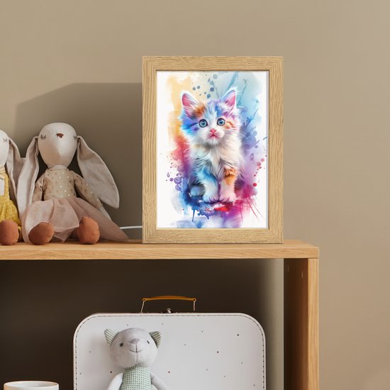 Nachtlampje 15x20 cm - Kinder lampje - Kat - Kleurrijk - Verf - Dier - Wit - Tafellamp kinderkamer - Slaapkamer lamp - Bedlamp kinderen - Kinderlampje stopcontact - Wandlamp babykamer - Nachtlampjes van OnlyWow — afbeelding 3