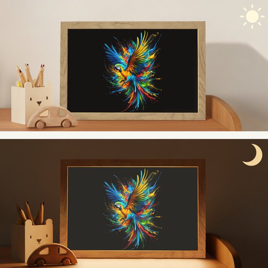 Nachtlampje 30x20 cm - Kinder lampje - Papegaai - Vogel - Dier - Kleurrijk - Verf - Tafellamp kinderkamer - Slaapkamer lamp - Bedlamp kinderen - Kinderlampje stopcontact - Wandlamp babykamer - Nachtlampjes van Merkloos — afbeelding 4