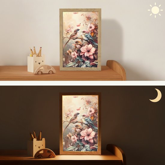 Nachtlampje 20x30 cm - Kinder lamp - Vogels - Bloemen - Roze - Pastel - Tafellamp kinderkamer - Slaapkamer lamp - Bedlamp kinderen - Kinderlampje stopcontact - Wandlamp babykamer - Nachtlampjes van Merkloos — afbeelding 4