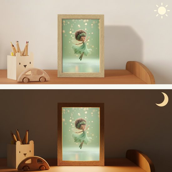 Nachtlampje 15x20 cm - Kinder lampje - Fee - Groen - Sprookje - Sterren - Tafellamp kinderkamer - Slaapkamer lamp - Bedlamp kinderen - Kinderlampje stopcontact - Wandlamp babykamer - Nachtlampjes van Merkloos — afbeelding 4