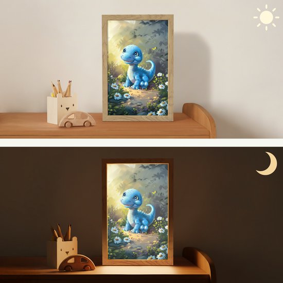 Nachtlampje 20x30 cm - Kinder lampje - Dino - Blauw - Baby - Dinosaurus - Tafellamp kinderkamer - Slaapkamer lamp - Bedlamp kinderen - Kinderlampje stopcontact - Wandlamp babykamer - Nachtlampjes van Merkloos — afbeelding 4