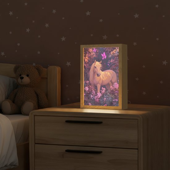 Nachtlampje 20x30 cm - Kinder lamp - Paard - Bloemen - Paars - Vlinder - Tafellamp kinderkamer - Slaapkamer lamp - Bedlamp kinderen - Kinderlampje stopcontact - Wandlamp babykamer - Nachtlampjes van Merkloos — afbeelding 2