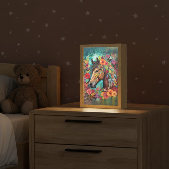 Nachtlampje 20x30 cm - Kinder lampje - Paard - Bloemen - Schilderij - Natuur - Verf - Tafellamp kinderkamer - Slaapkamer lamp - Bedlamp kinderen - Kinderlampje stopcontact - Wandlamp babykamer - Nachtlampjes van Merkloos — afbeelding 2