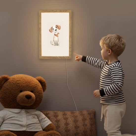 Nachtlampje 20x30 cm - Kinder lampje - Hond - Pup - Beige - Stippen - Tafellamp kinderkamer - Slaapkamer lamp - Bedlamp kinderen - Kinderlampje stopcontact - Wandlamp babykamer - Nachtlampjes van OnlyWow — afbeelding 5
